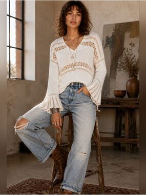 ELAN CREAM 100% COTTON OPEN KNIT BOHO SWEATER SMALL